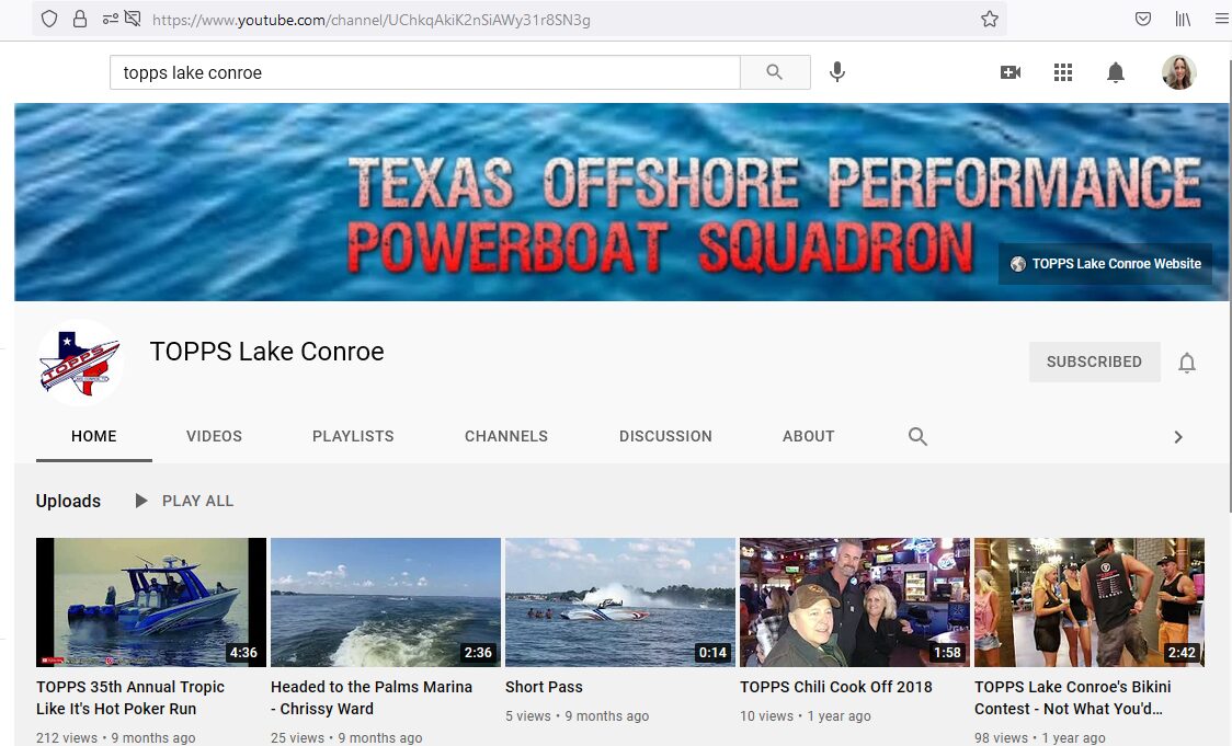 Screenshot of the YouTube account of TOPPS Lake Conroe