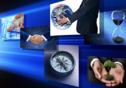 A collage of business images with hands shaking